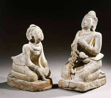 A Pair Of Burmese Stone Female Adorants LATE 19TH CENTURY Myanmar Art