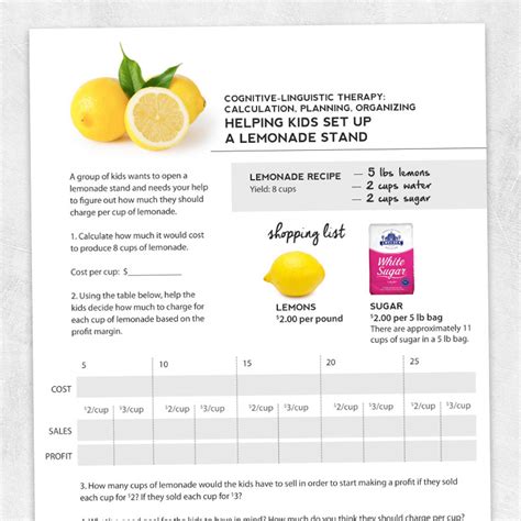 Lemonade Stand Business Plan Adult And Pediatric Printable Resources For Speech And