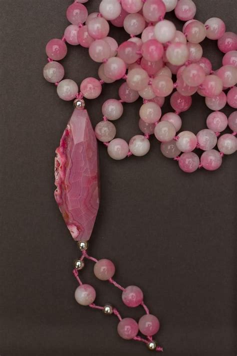 Pink Dragon Vein Agate Pendant Necklace With Malaysia Jade Long