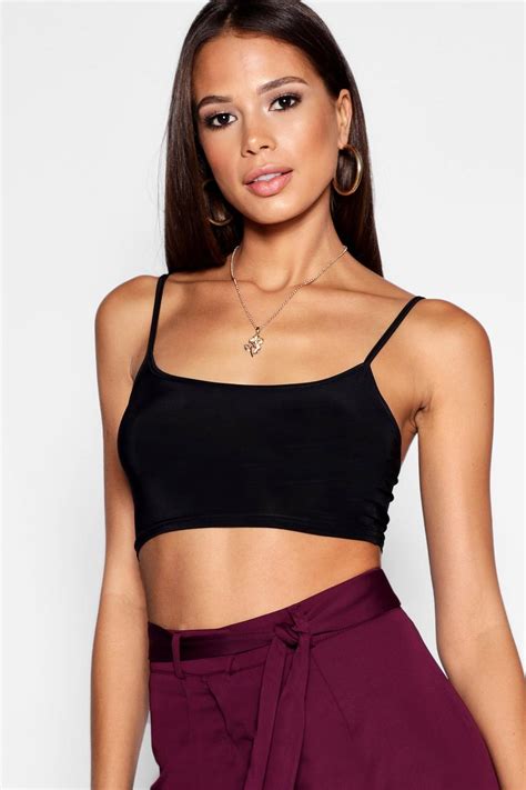 Womens Black Tall Strappy Slinky Crop Top Boohoo Uk