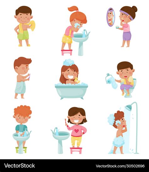 Kid characters taking bath and brushing teeth Vector Image