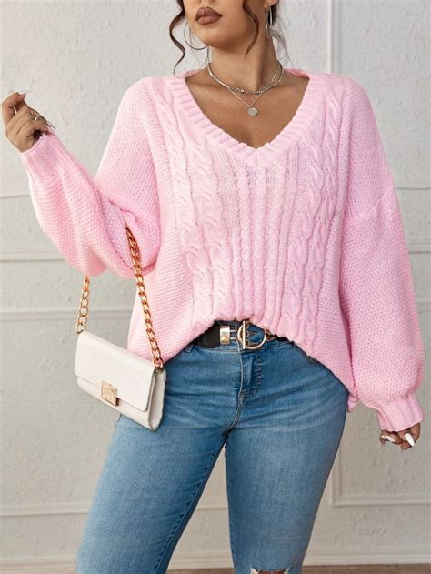 Shein Lune Plus Cable Knit Drop Shoulder Sweater