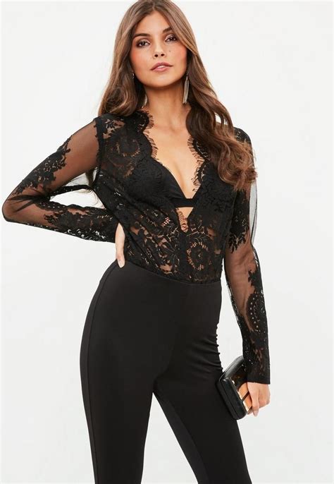 Black Lace Long Sleeve Plunge Bodysuit Lace Bodysuit Outfit Womens