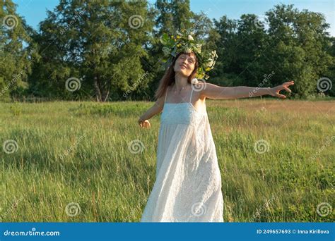 Woman Dance Ecstatic Dance In Field Woman In Flower Wreath Summer