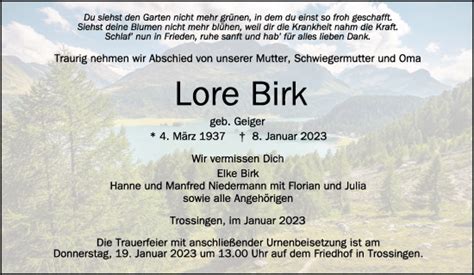 Traueranzeigen Von Lore Birk Schwaebische De Trauerportal