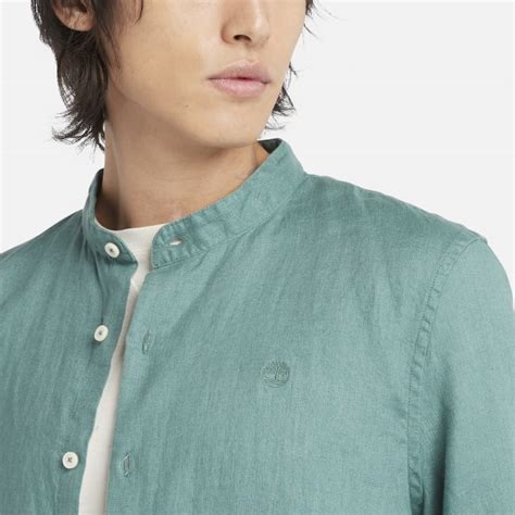 Mill Brook Korean Collar Linen Shirt For Men In Teal