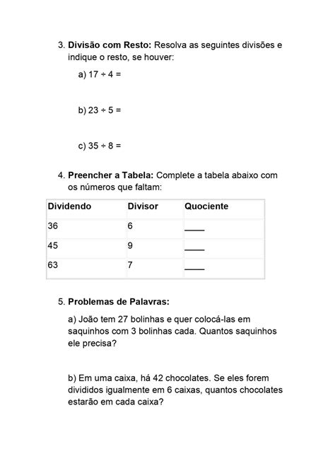 Atividades De Divisão Para O 3º Ano Do Ensino Fundamental Com Gabarito