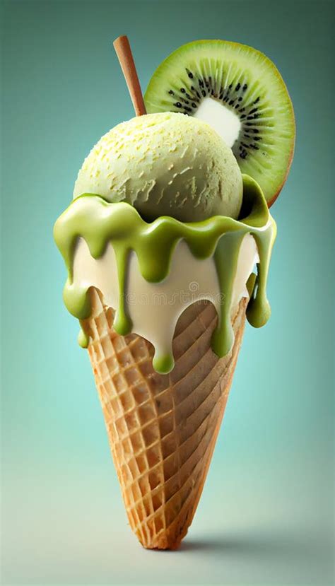 Illustration Of Kiwi Ice Cream With Kiwi Slices In A Waffle Cone A