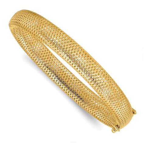 14k Yellow Gold Italian Polished Textured Hinged Bangle Bracelet JJLF1591