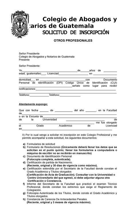 Solicitud De Inscripcion Cang Colegio De Abogados Y Notarios De Guatemala Solicitud De