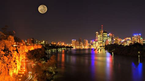 cityscape, Lights, Building, Moon, River, Australia, Brisbane ...