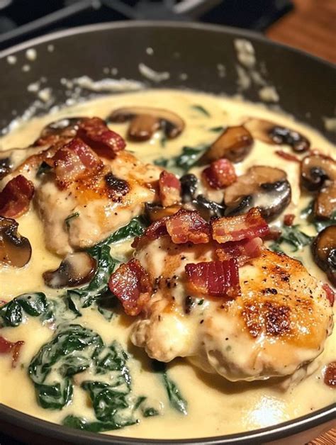 Smothered Chicken With Creamed Spinach Bacon And Mushrooms Sanepe