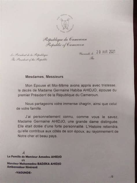 Cameroon Info Net Cameroun Décès de Germaine Ahidjo La lettre de