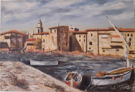 ANCIENNE PEINTURE À l huile PORT de St TROPEZ signée P LAMANDE en 1982