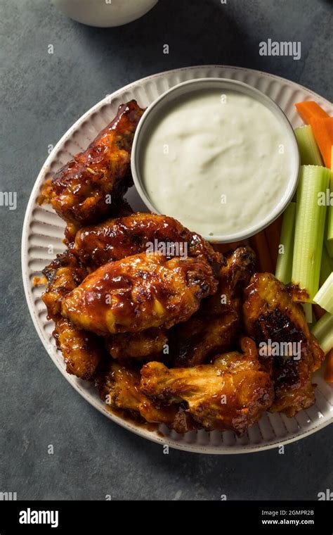 Homemade Honey Bbq Chicken Wings With Blue Cheese Dip Stock Photo Alamy