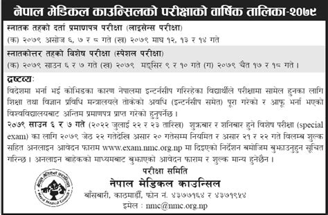 Annual Schedule Of Nepal Medical Council Nmc Examination 2079