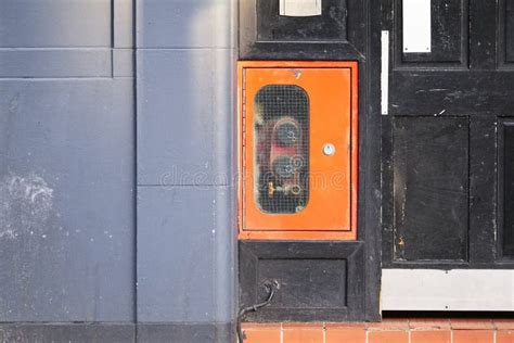 Dry Riser Inlet Box Red On Brick Wall For Emergency Fire Services Water