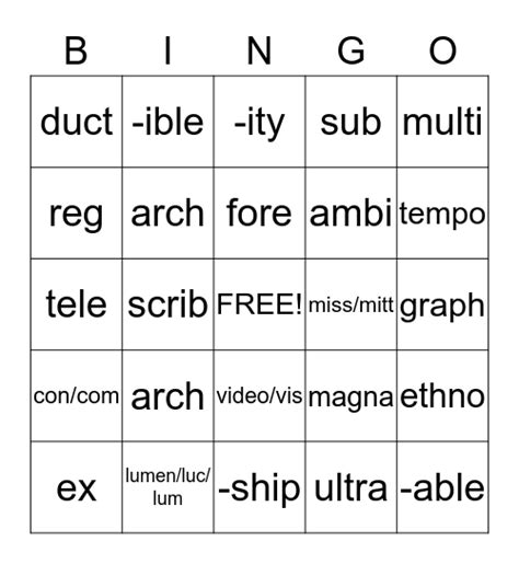 Greek Latin Root Words And Affixes Prefixes Suffixes Bingo Card