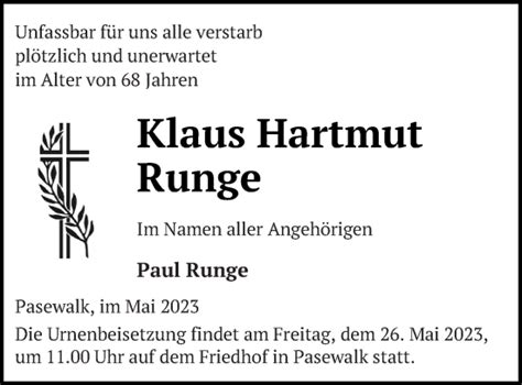 Traueranzeigen Von Klaus Hartmut Runge Trauer Nordkurier