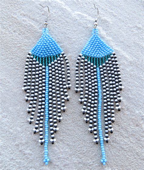 African Beaded Earrings Long Tassel Blue Jade Black White Earth Africa