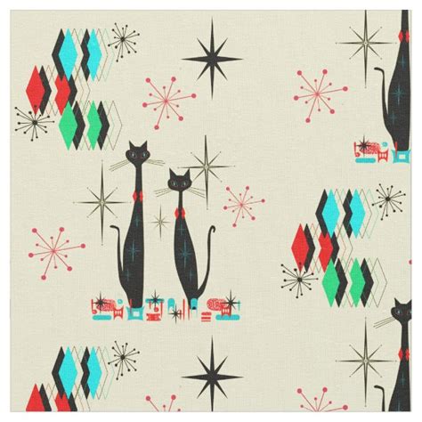 Mid Century Meow Retro Atomic Cats On Blue Ii Fabric