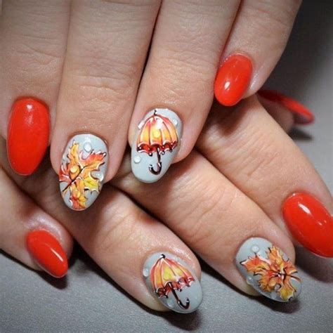 Chic Fall Nail Art Maple Leaf Umbrellas Rain Drops Fall Nail Art Cute Nail Art Designs