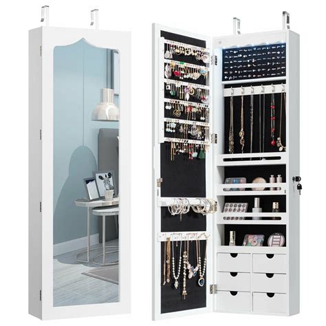 Gymax Lockable Wall Door Mounted Jewelry Cabinet Led Mirror White