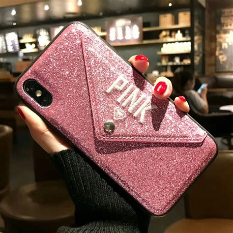 Luxury Pink Brand Glitter Embroidery Leather Victoria Hot Cute Pink Case For Iphone 7 Plus 7 8