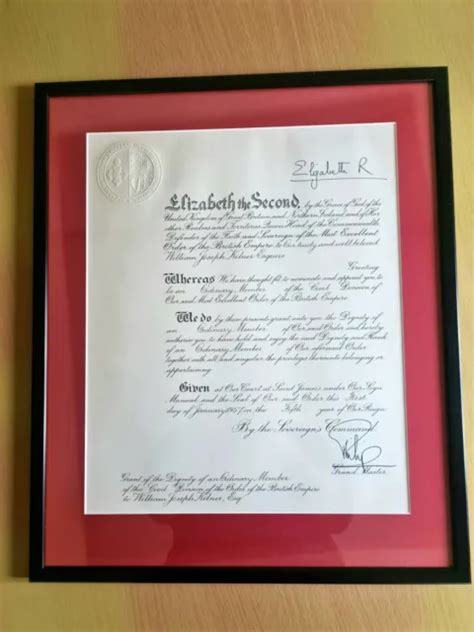 Queen Elizabeth Ii Prince Philip Signed Document Certificate Obe