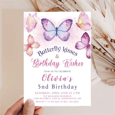 Butterfly Kisses And Birthday Wishes Girls Birthday Invitation Zazzle