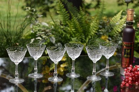 Vintage Etched Crystal Wine Cordials Glasses Set Of 6 After Dinner Drink Cordials 4 Oz Port