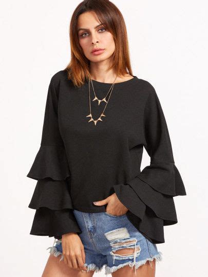 Black Layered Bell Sleeve Top Ropa De Moda Mangas Largas Vestidos