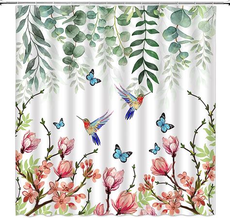 Jofkaxu Flower Hummingbird Shower Curtain Green Leaves