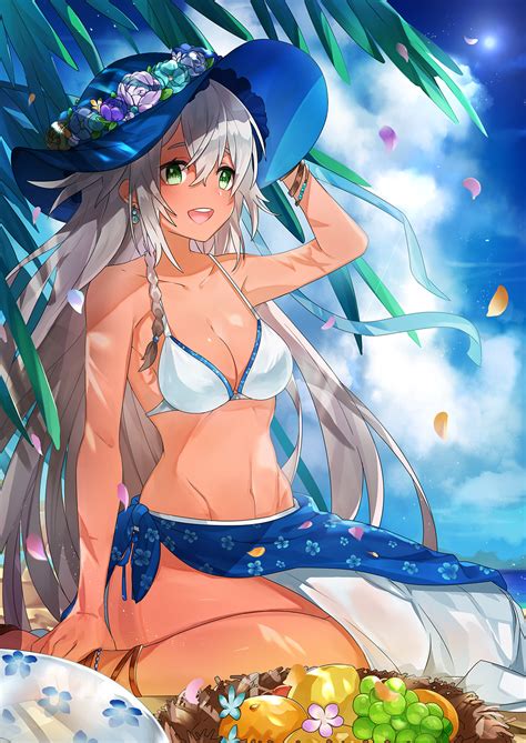 Muraki Owantogohan Original Highres Beach Bikini Breasts Cleavage Cloud Dark Skinned