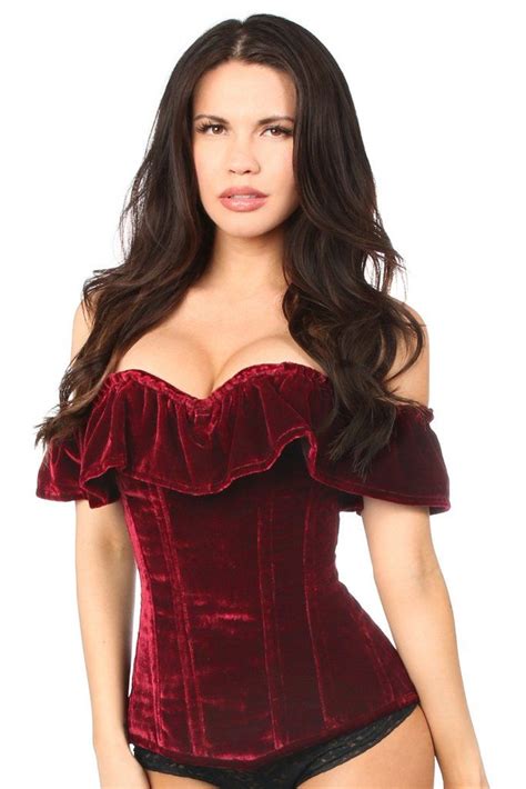 Top Drawer Premium Dark Red Velvet Off The Shoulder Steel Boned Corset