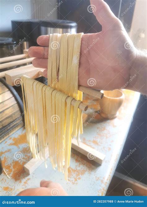 Handmade Pasta Drying On Wooden Rack Italian Fresh Fettuccine Fresh