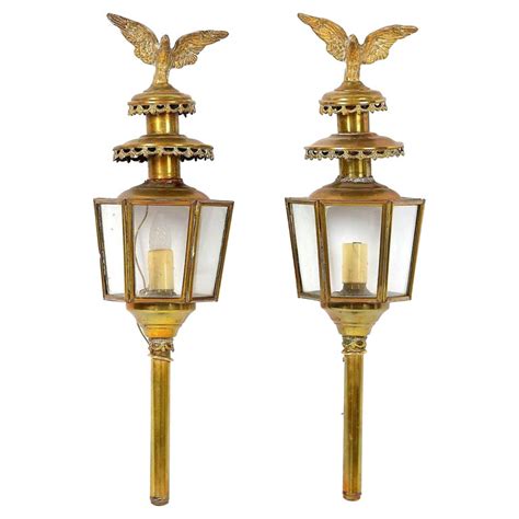 19th Century French Pair Of Brass Carriage Lanterns With Eagles On The