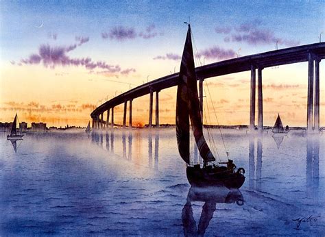 San Diego, Coronado Bridge sunset Painting by John YATO - Pixels