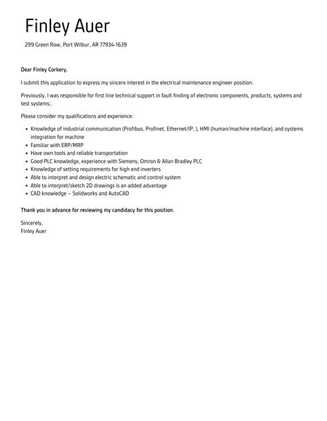 Electrical Maintenance Engineer Cover Letter Velvet Jobs