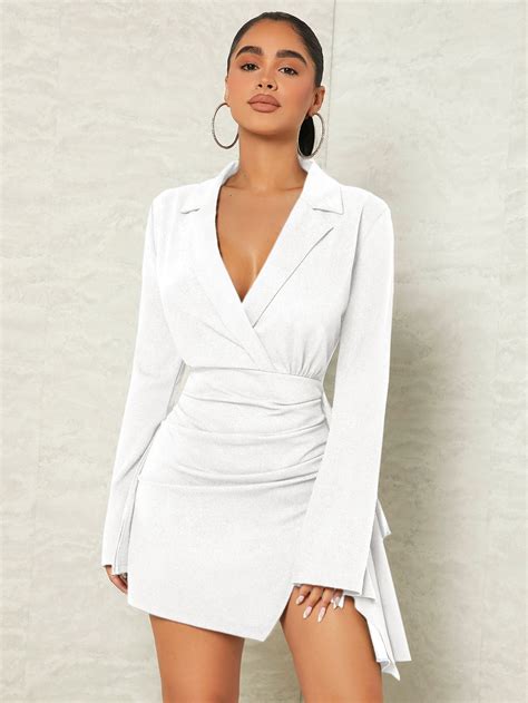 Shein Sxy Lapel Collar Ruched Wrap Hem Dress