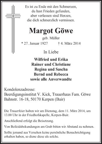 Traueranzeigen von Margot Göwe WirTrauern