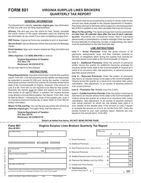 Form 801 Download Fillable Pdf Or Fill Online Virginia Surplus Lines Brokers Quarterly Tax