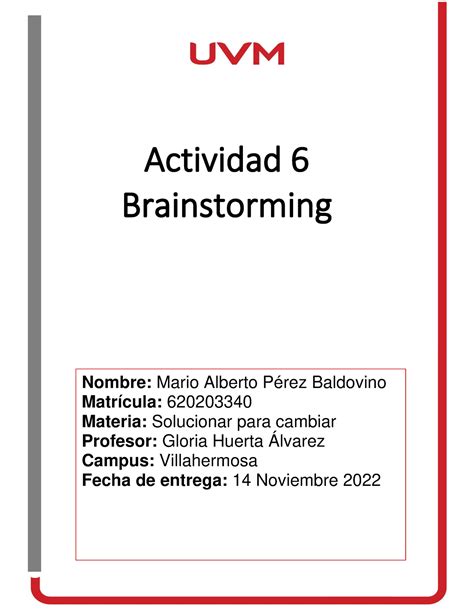 ACT 6 Brainstorming Tarea De Solucionar Actividad 6 Brainstorming