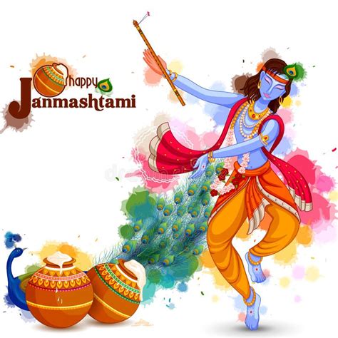 God Krishna Playing Flute On Happy Janmashtami Festival Background Of