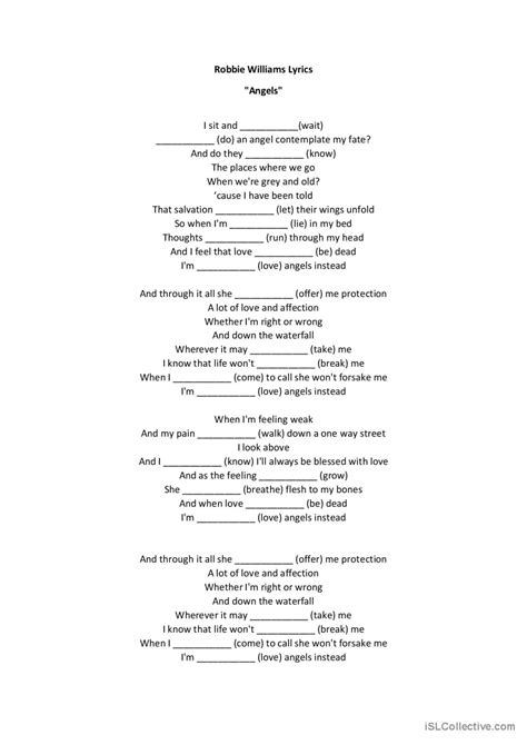 Angels Robbie Williams Song And Nu English Esl Worksheets Pdf Doc