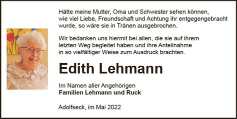 Traueranzeigen Von Edith Lehmann Vrm Trauer De