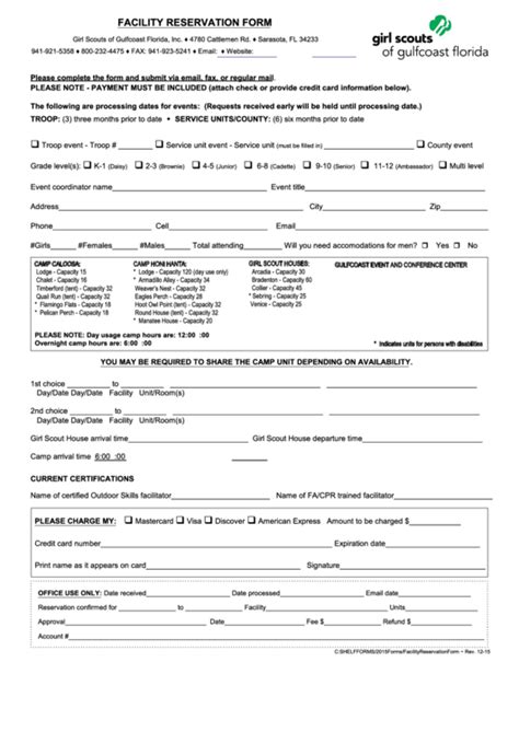 Fillable Girl Scouts Of Gulfcoast Florida Facility Reservation Form