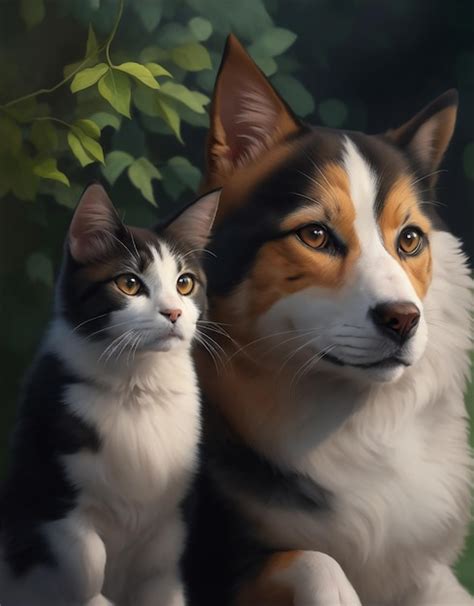 Hermosa Pintura De Un Perro Y Un Gato Generada Por Ia Imagen Premium