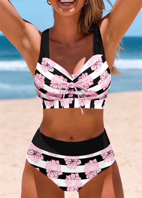 Mid Waisted Striped Criss Cross Black Bikini Set Rosewe Usd