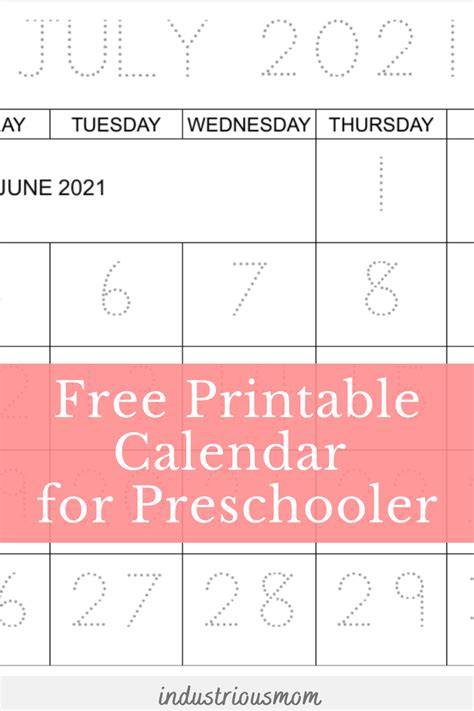 July 2021 Free Calendar Printable For Preschooler